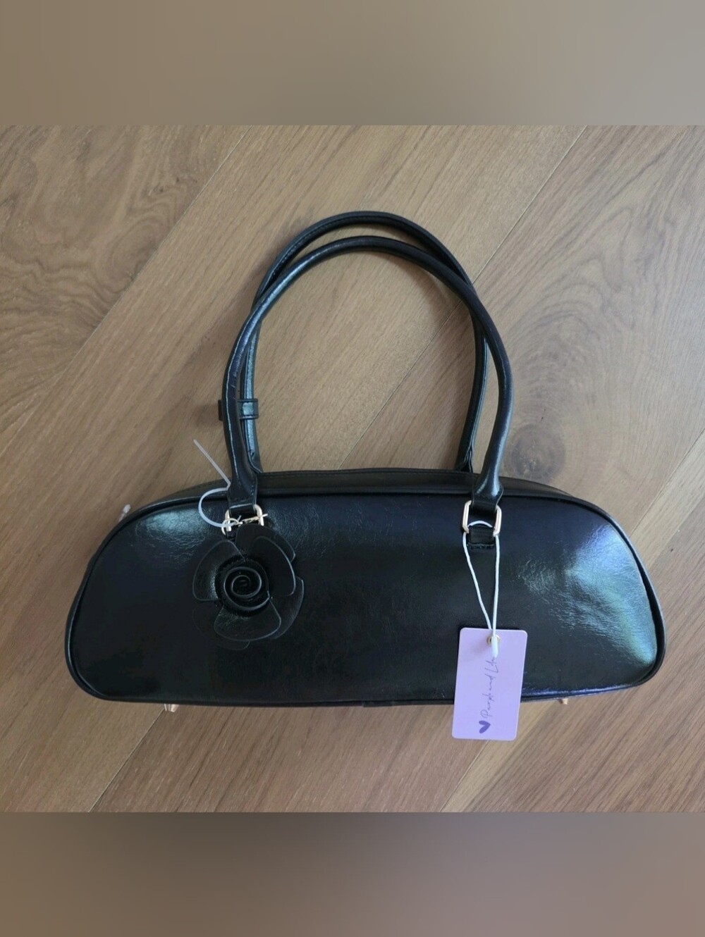 ​Y2K Black Baguette Shoulder Bag Rose Camellia Coquette Purse NWT